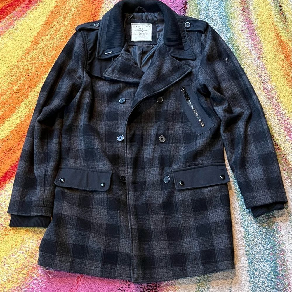 Marc Ecko Cut & Sew men’s plaid wool peacoat size M
